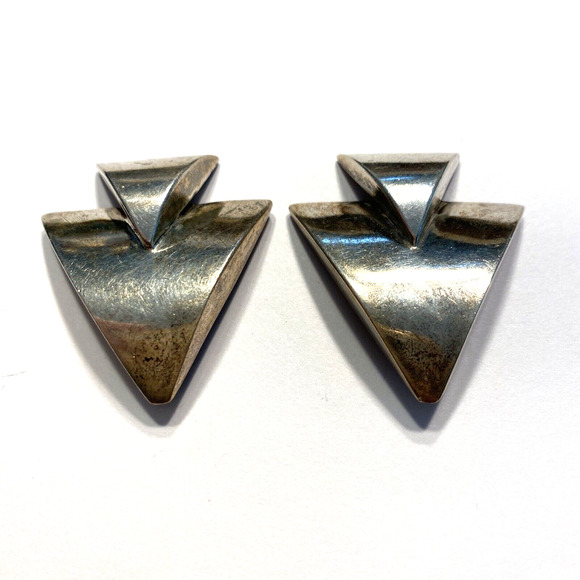 Vintage Mid Century Clip On Earring Chunky 1980s Silver Geometric Art Triangles - Picture 2 of 8